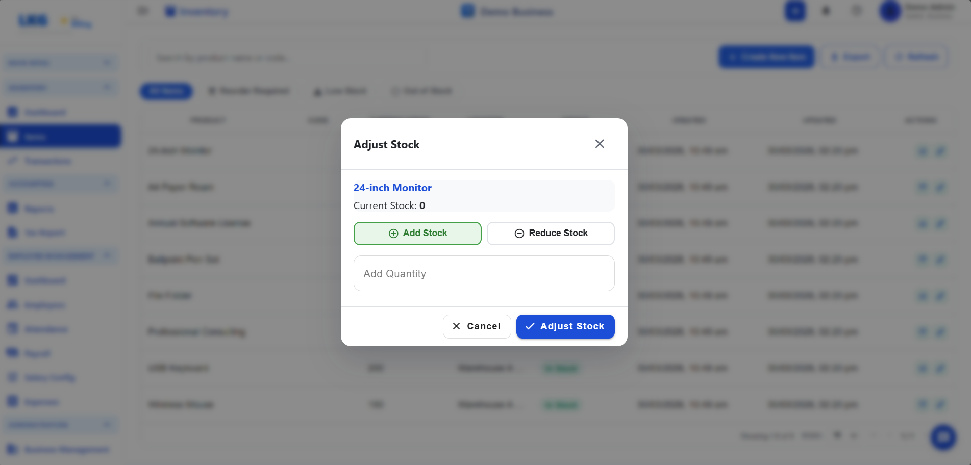 Adjust Stock Dialog